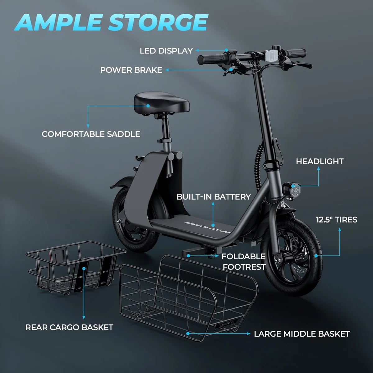 C2 Cargo Electric Bike – 450W | 36V 8Ah | Dual Storage Baskets